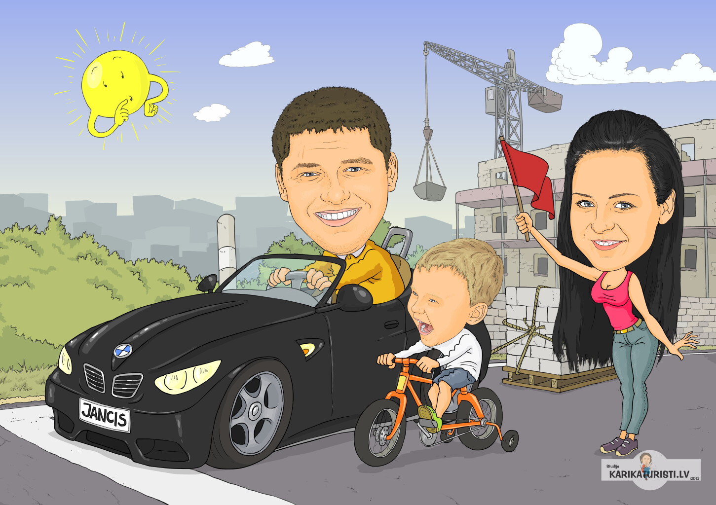 Карикатура с фоном для 3 человек