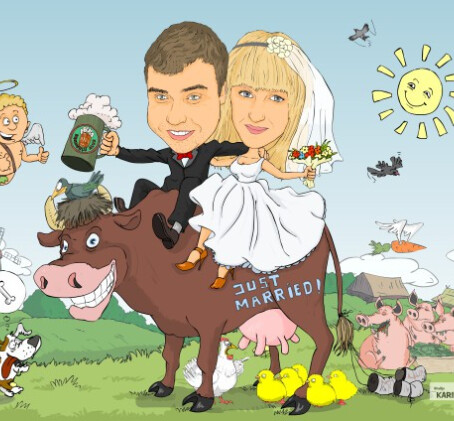 Karikatūra 2 personām ar fonu